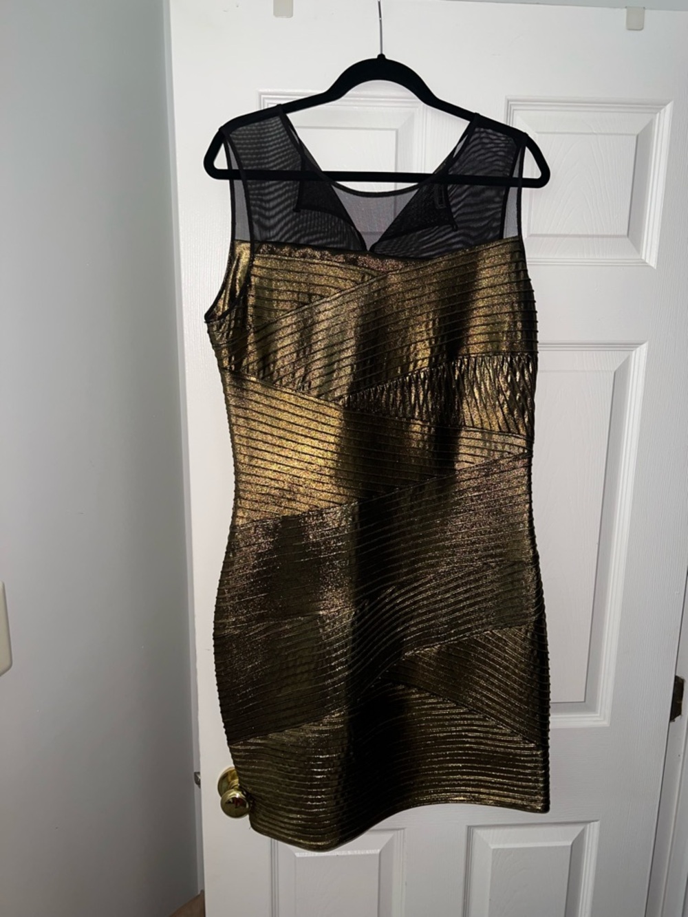 Calvin Klein Gold Metallic Mini Dress with Black Mesh Yoke